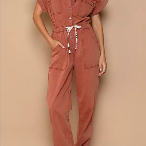 POL Rust Jumpsuit with Drawstring Waist - Picture 1 of 5